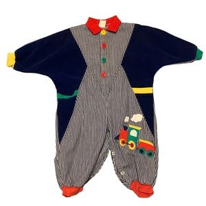 Vintage Color Block Stripe Corduroy Train Jumpsuit Romper 18 months